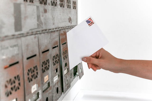 person taking envelope out of mailbox