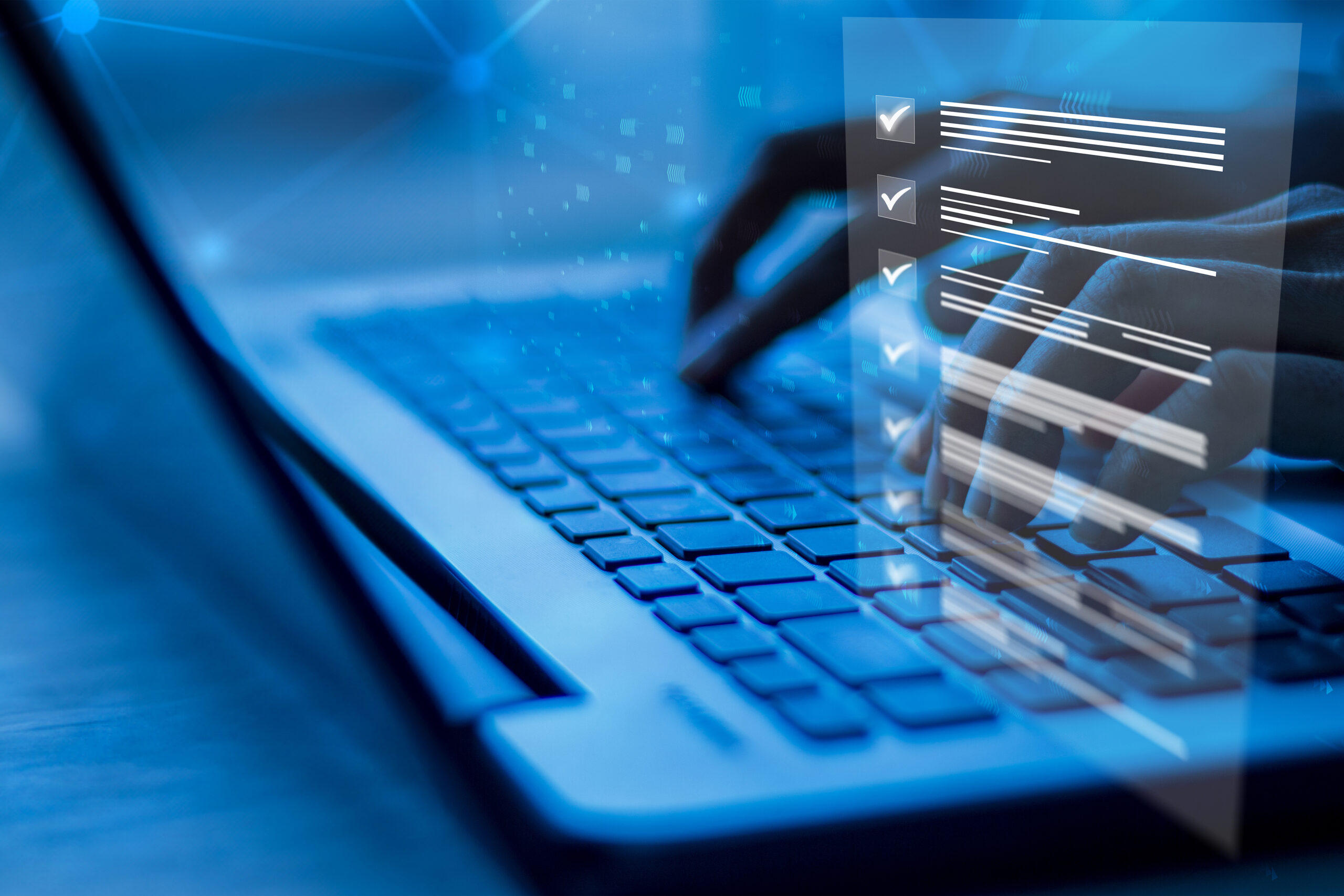 businesswoman checking business performance Business performance monitoring concept, businesswoman using computer Online survey filling out, digital form checklist