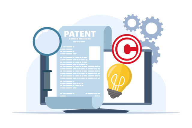 Patent law copyright protection concept, copyright protected by law, patent protection, intellectual property concept, copyright symbol, electronic legal document, digital law. flat vector.