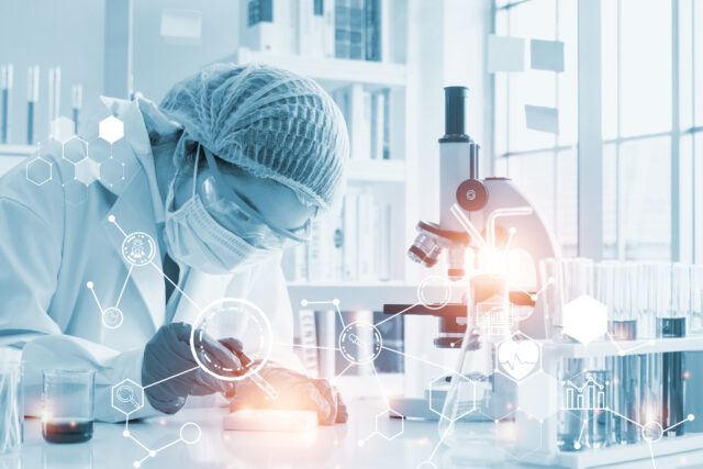 Double exposure microscope Young woman scientific using equipment