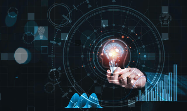 Businessman holding lightbulb with virtual brain and infographic, reative thinking ideas and innovation concept.